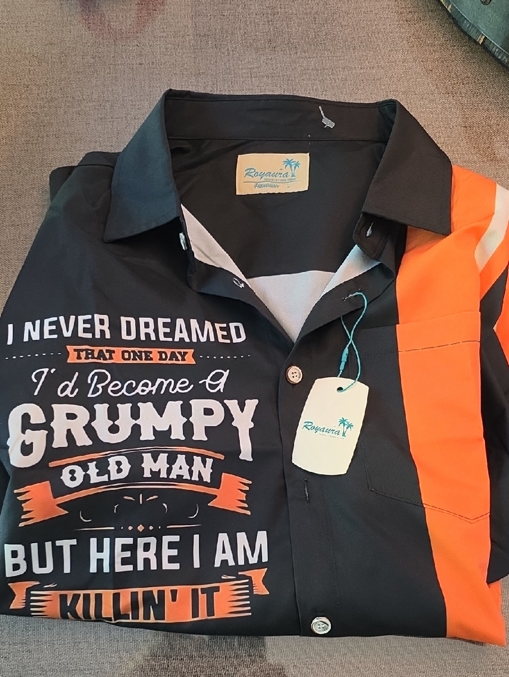 Aura Black and Orange Casual Button-Down Shirt with Graphic Text